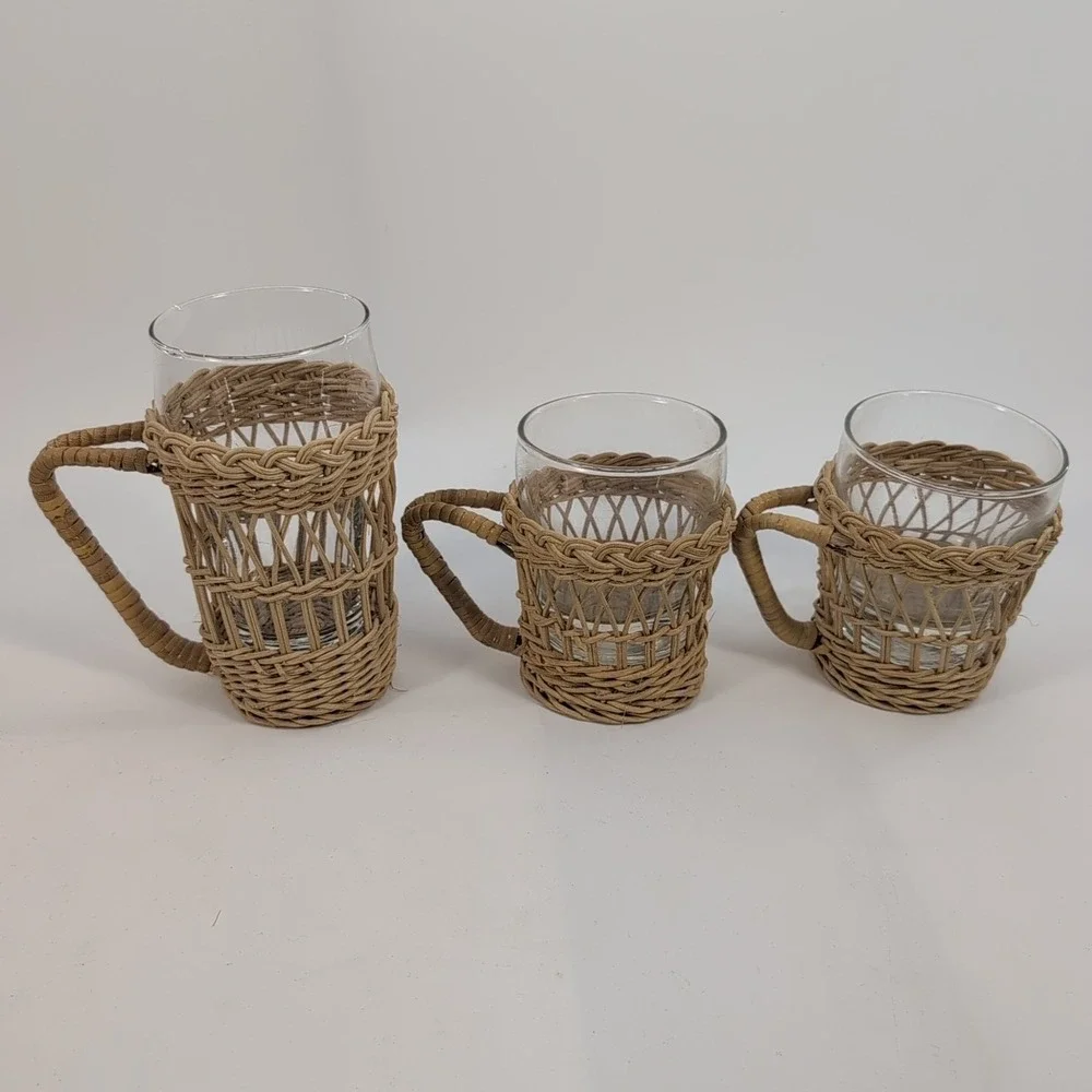 3 Vtg Rattan Wicker Boho Woven Cup Holders with Handles and Glass Cup‎ Inserts